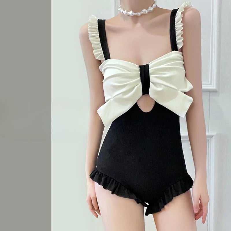 Cute Bowknot Detail Swimwear Ladies Elegant Backless One Piece Swimsuit Soft Pastel Color Swim Costume for Water Activities