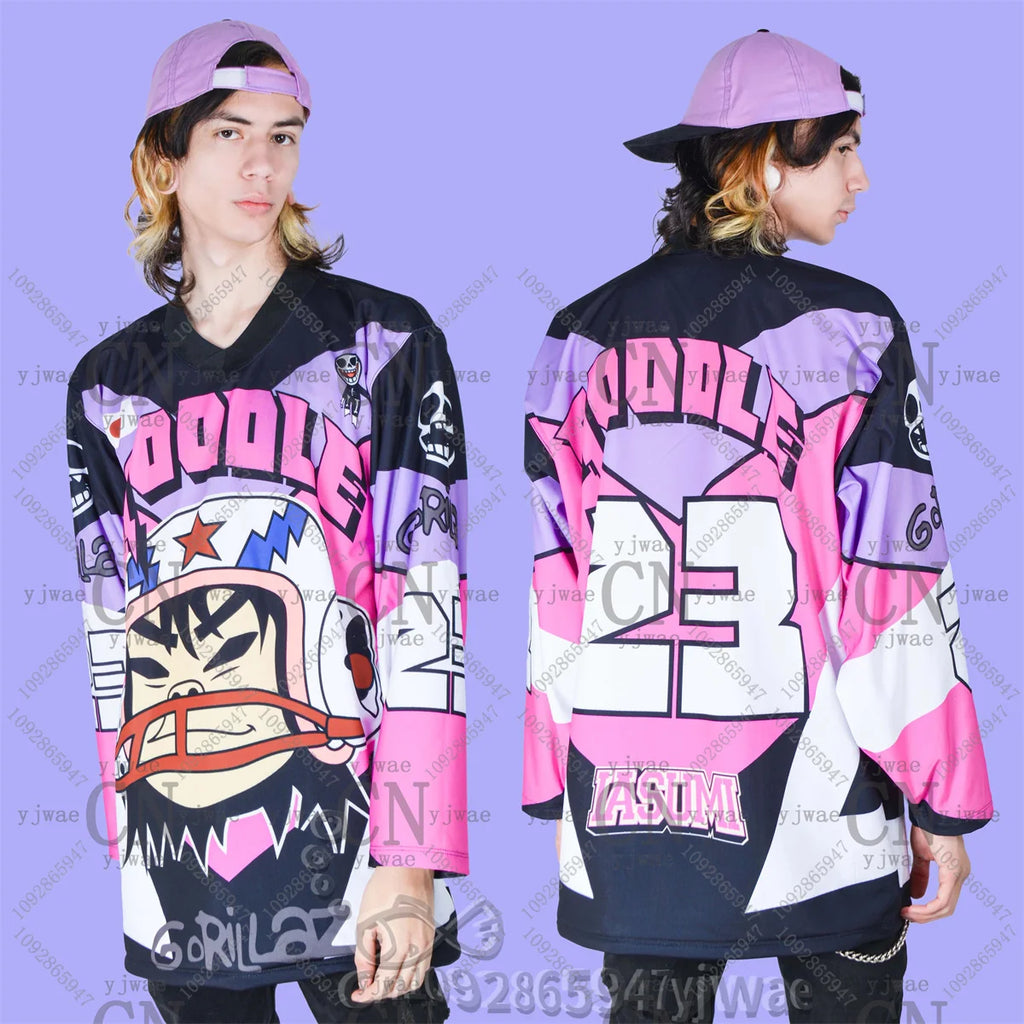 2026 New GORILLAZ Hockey Jersey V-Neck Loose And Fashionable Hip-Hop Street Wear Men'S And Women'S Casual Long Sleeved T-Shirt
