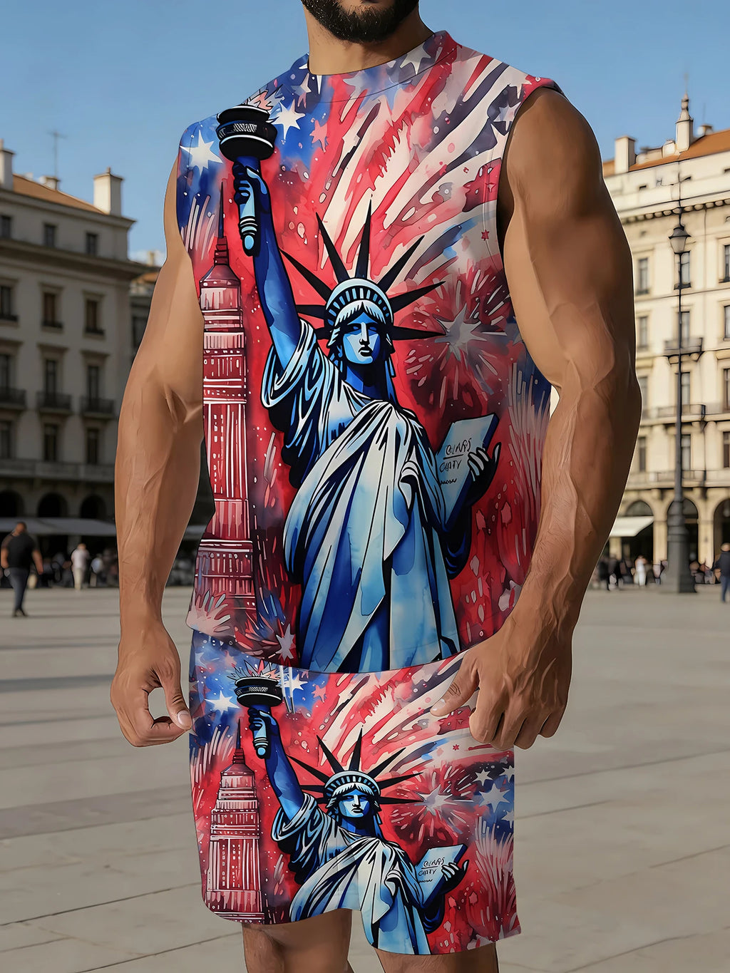 Men's V-Neck Tank Top and Shorts Set Lightweight Polyester Homewear Vacation Outfit Standard Fit