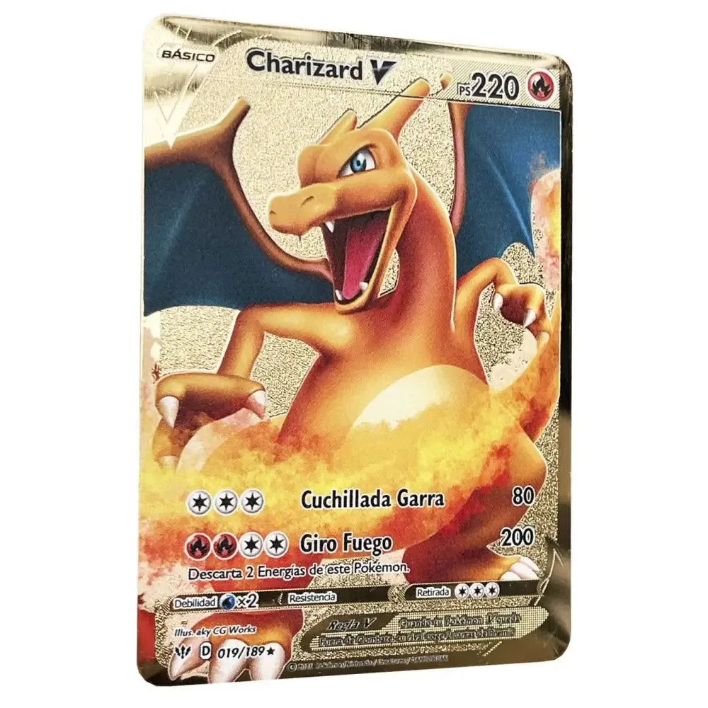 Pokemon Metal Cards in Spanish Pikachu Arceus Charizard DIY Trading Flash Card Anime Cartoon Gift