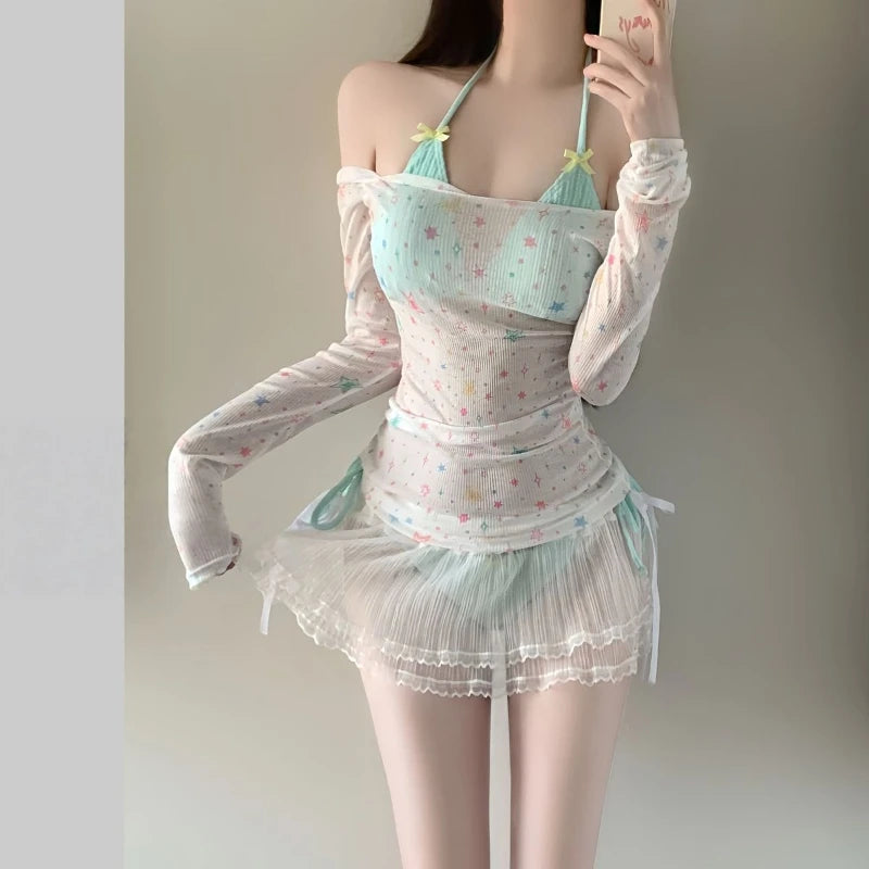 2026 New Summer Women's Korean Style Bikini Set Sweet Girl Beach Vacation Swimsuit Slimming Long Sleeve Cover Up