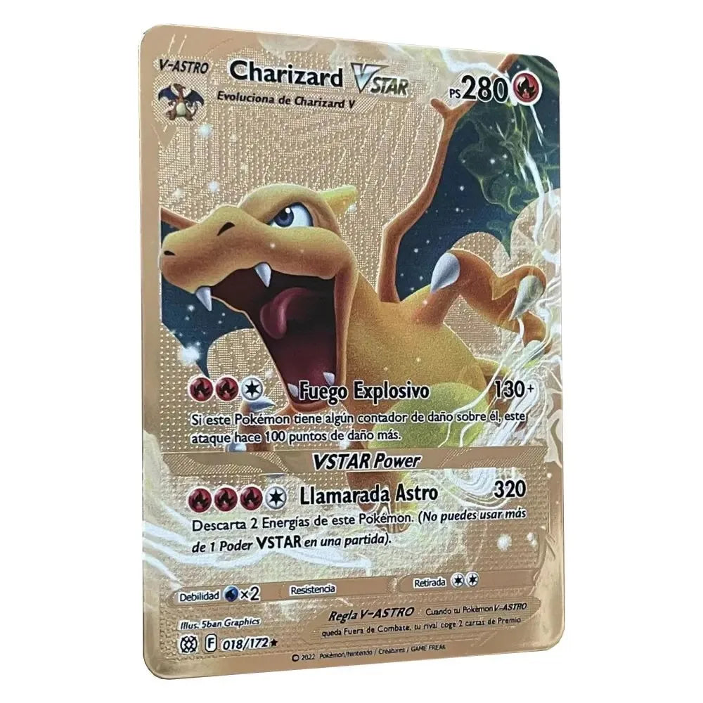 Pokemon Metal Cards in Spanish Pikachu Arceus Charizard DIY Trading Flash Card Anime Cartoon Gift
