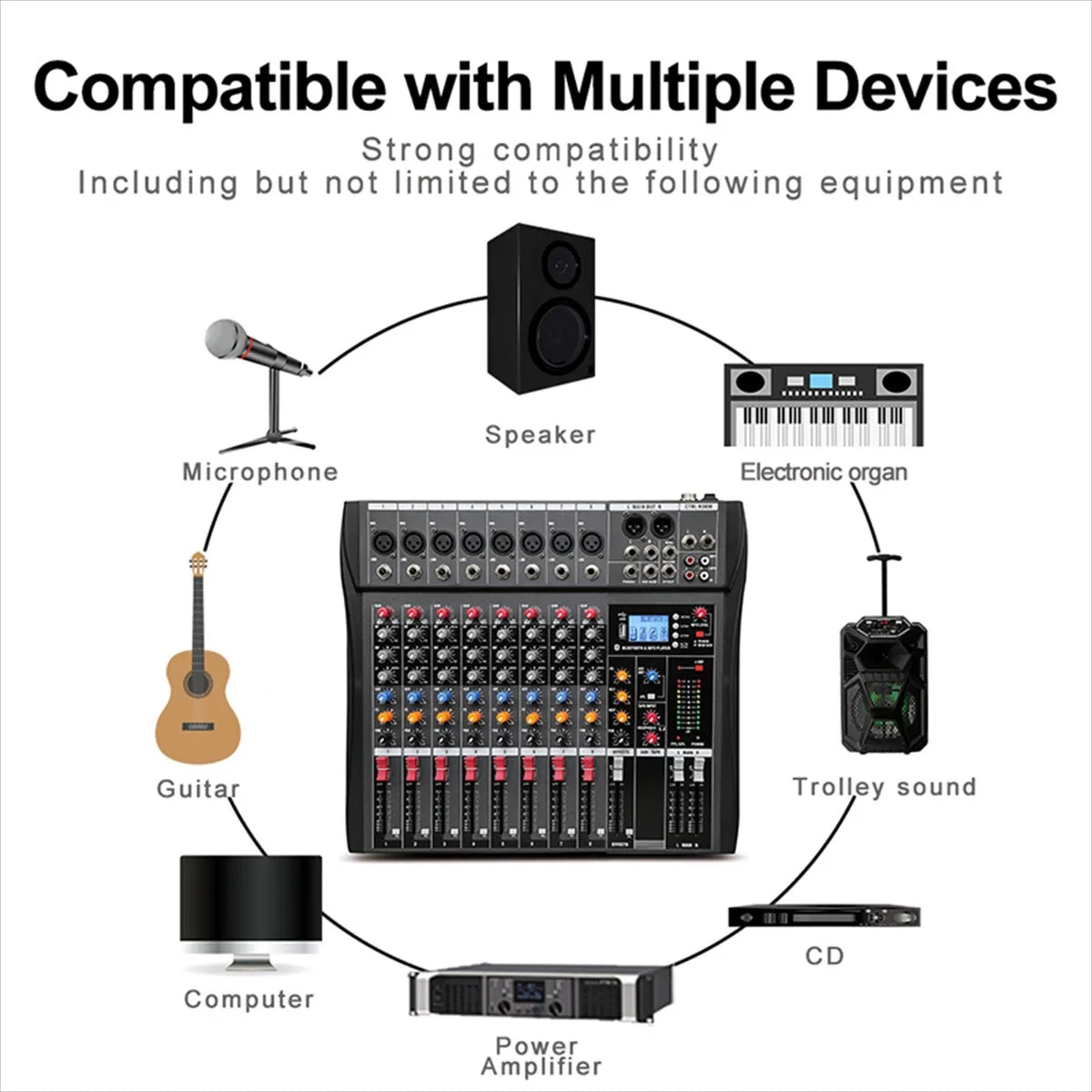 8-Channel Professional Mixer with 99 Dsp Effects, Bluetooth, Usb, Mp3, 48V Phantom Power, for Live Streaming, Stage Recording, and Mixing