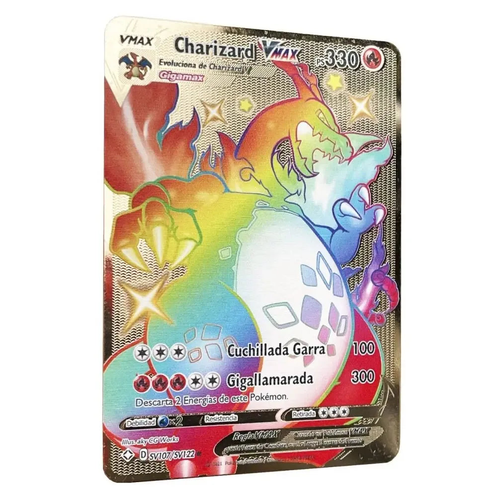 Pokemon Metal Cards in Spanish Pikachu Arceus Charizard DIY Trading Flash Card Anime Cartoon Gift