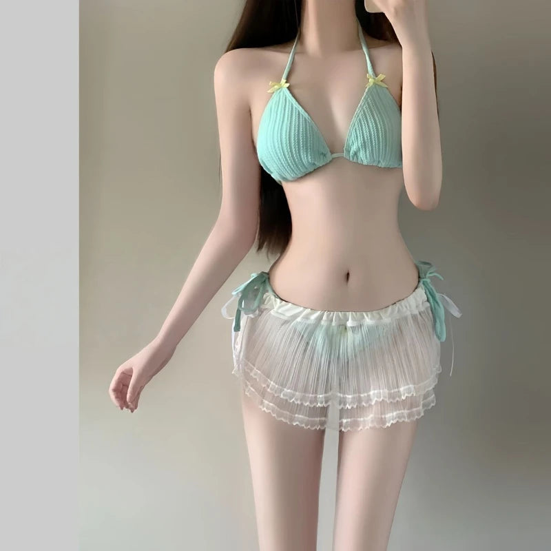 2026 New Summer Women's Korean Style Bikini Set Sweet Girl Beach Vacation Swimsuit Slimming Long Sleeve Cover Up