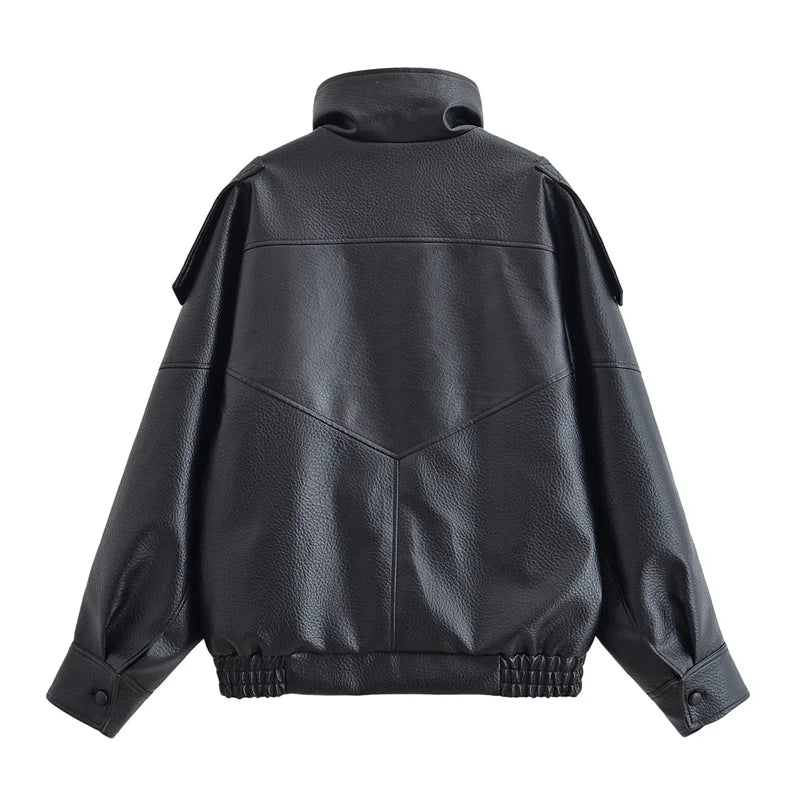 Women's Jacket Fall 2025 New Black Long Sleeve Pebble Faux Leather Jacket Motorcycle Style Personality Fashion