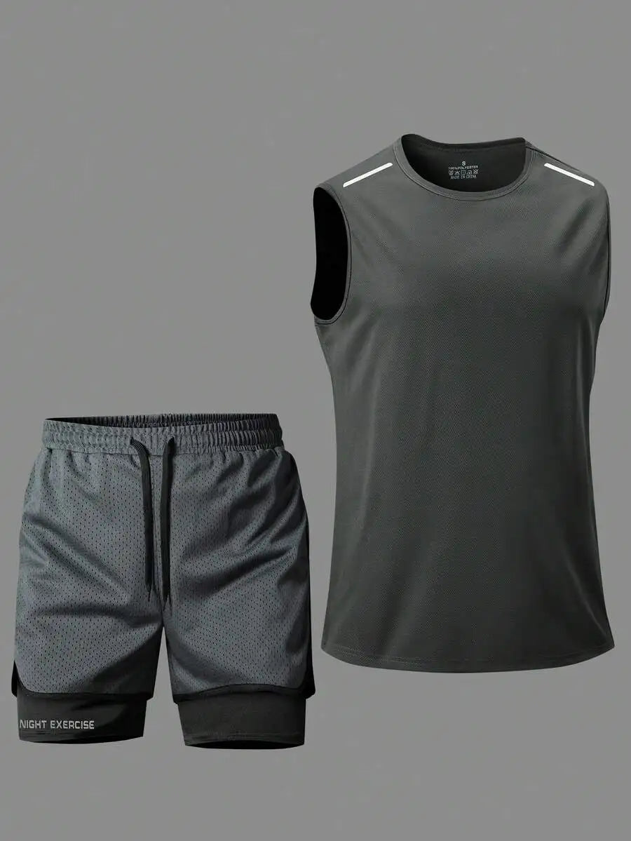 Black Breathable Tank Top And Shorts Set For Night Exercise Running Hiking