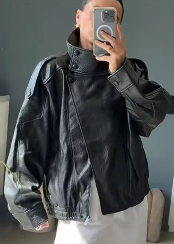 Women's Jacket Fall 2025 New Black Long Sleeve Pebble Faux Leather Jacket Motorcycle Style Personality Fashion
