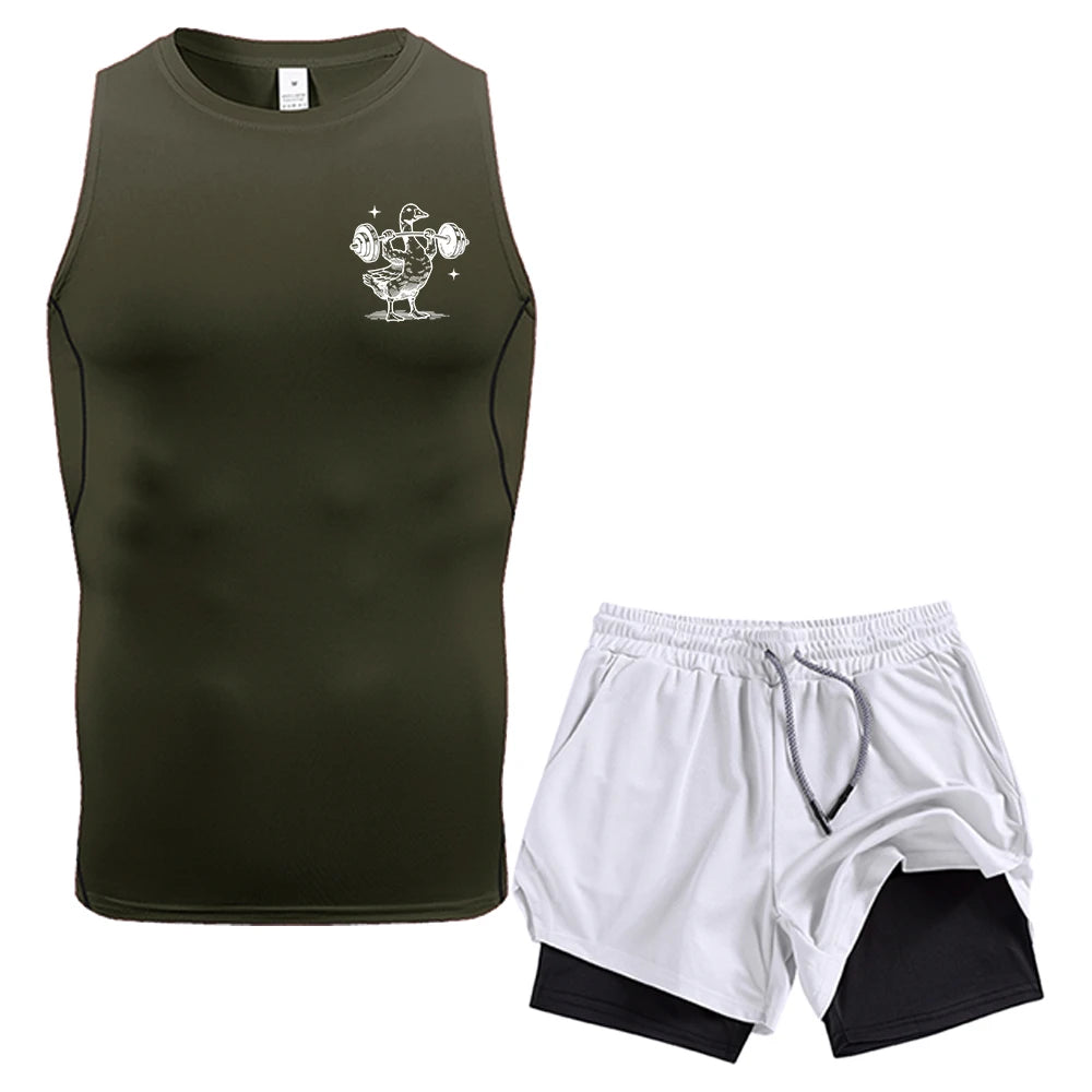 Men Workout 2 Piece Compression Sleeveless Vest Double Layer Shorts Weightlifting Duck Print With Pockets Quick Dry Gym Set