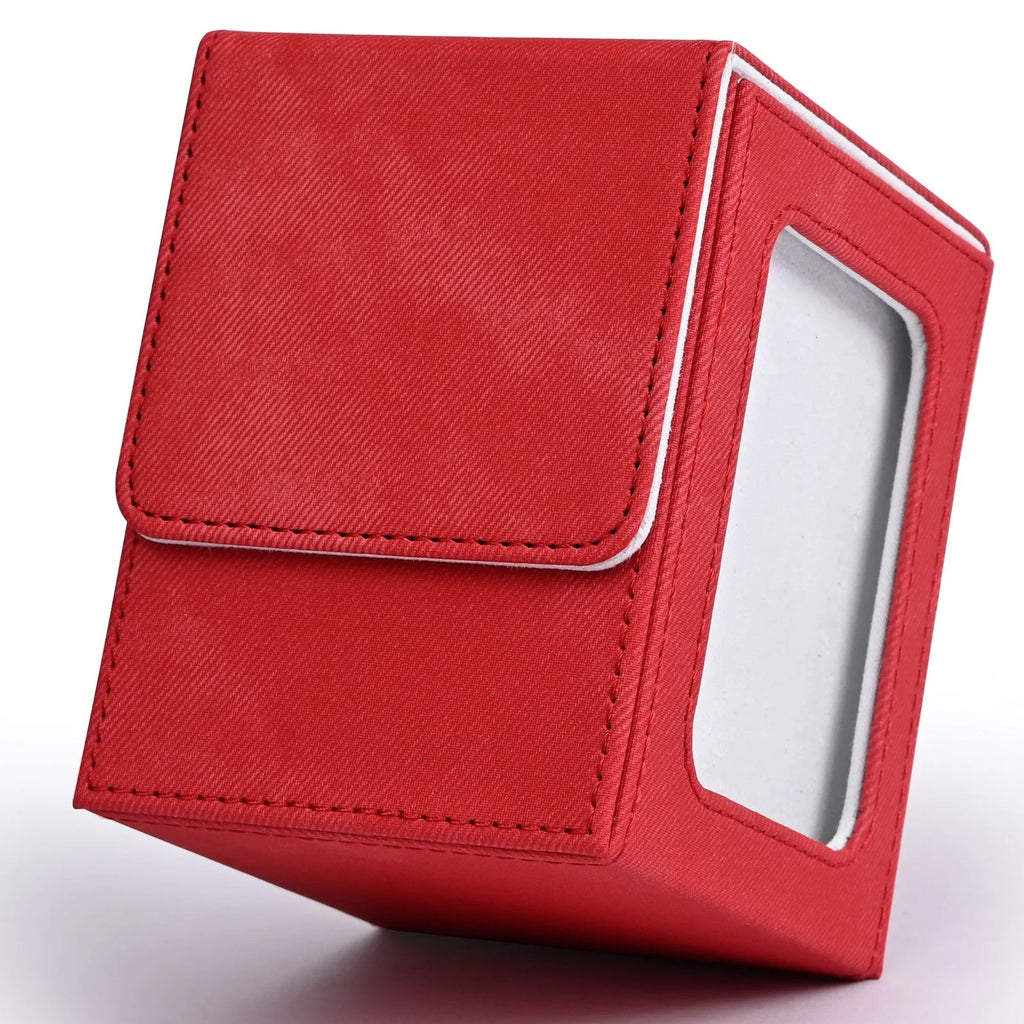 Card Deck Box with Display Window, Trading Card Storage Case, Holds 120+ Single Sleeved Cards, PU Leather Denim Card Box for TCG