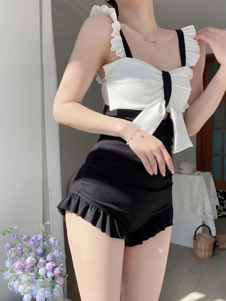 Cute Bowknot Detail Swimwear Ladies Elegant Backless One Piece Swimsuit Soft Pastel Color Swim Costume for Water Activities