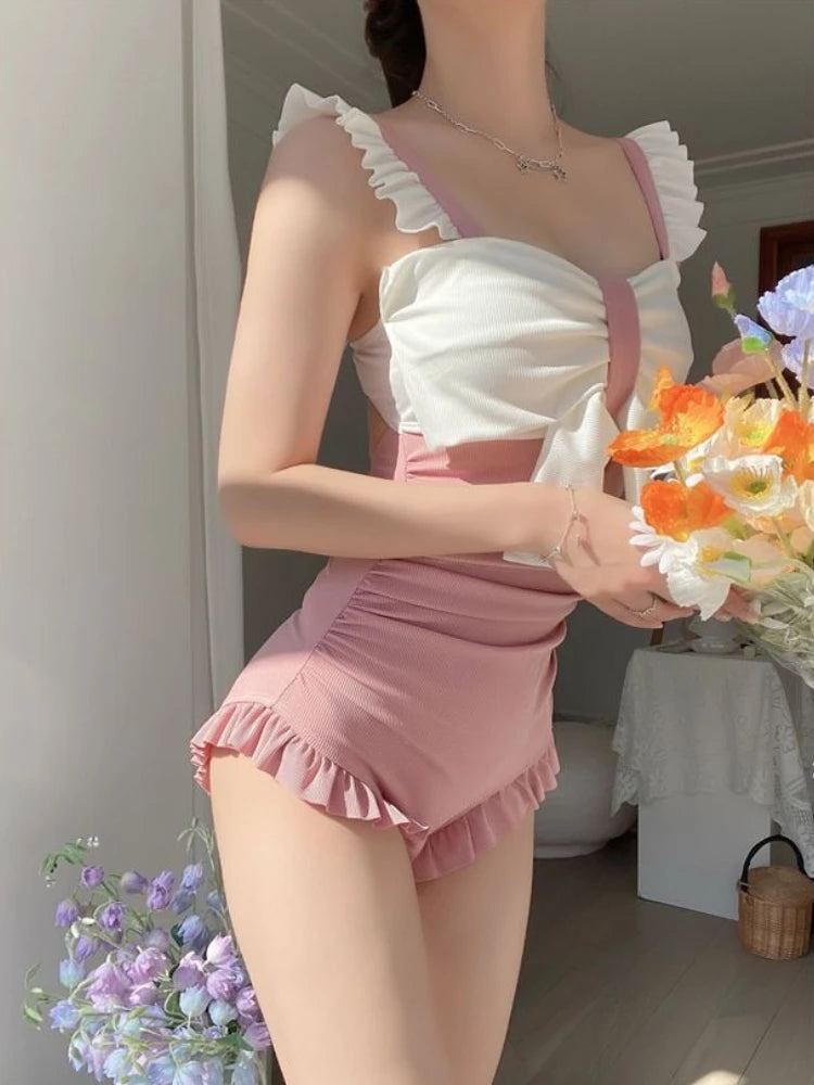 Cute Bowknot Detail Swimwear Ladies Elegant Backless One Piece Swimsuit Soft Pastel Color Swim Costume for Water Activities