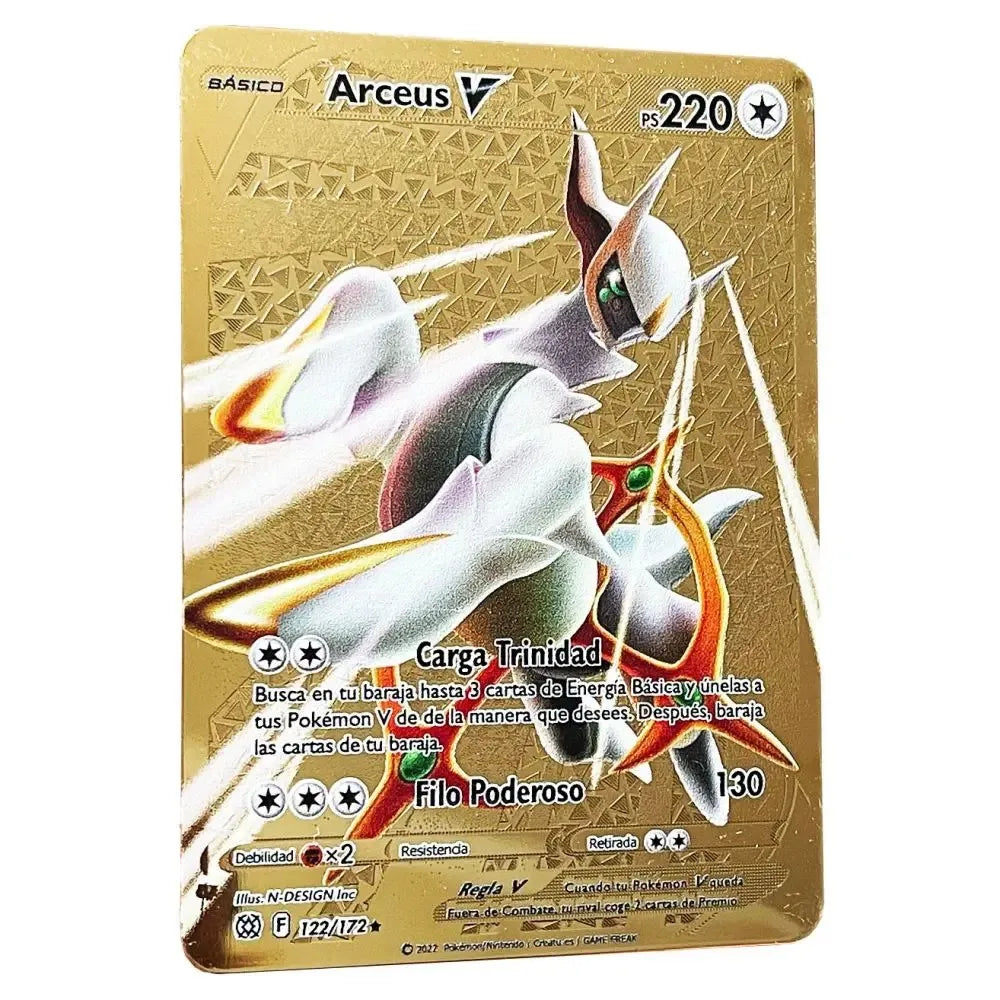 Pokemon Metal Cards in Spanish Pikachu Arceus Charizard DIY Trading Flash Card Anime Cartoon Gift
