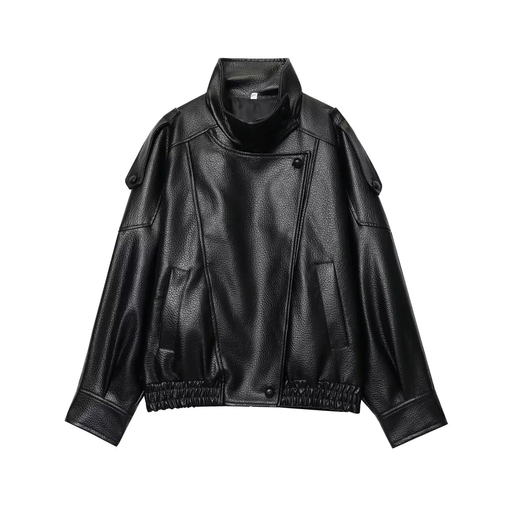 TFMLN Chic Black Faux Leather Jackets Women Long Sleeve Buttons Elastic Oversized Coats Fashion 2025 Autumn Winter Streetwear