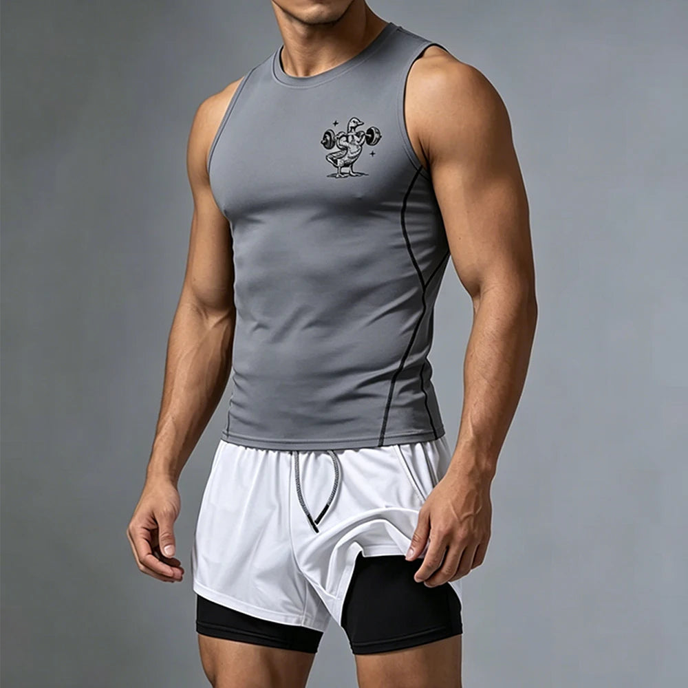Men Workout 2 Piece Compression Sleeveless Vest Double Layer Shorts Weightlifting Duck Print With Pockets Quick Dry Gym Set