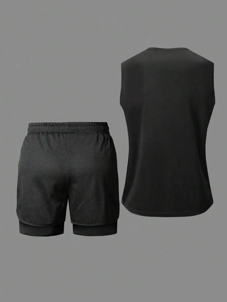Black Breathable Tank Top And Shorts Set For Night Exercise Running Hiking