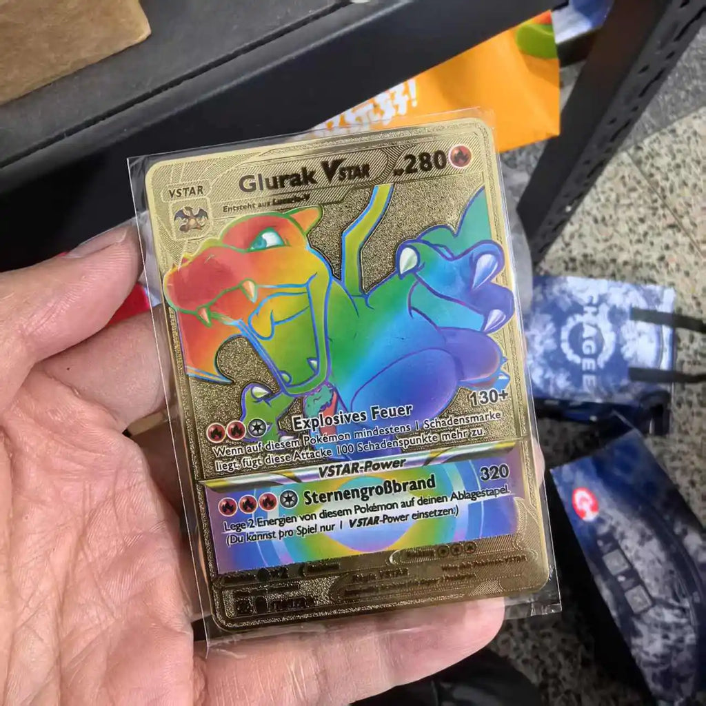 Pokemon Metal Cards in Deutsch Terastal Pikachu Arceus Charizard DIY Trading Flash Card Anime Cartoon Gift