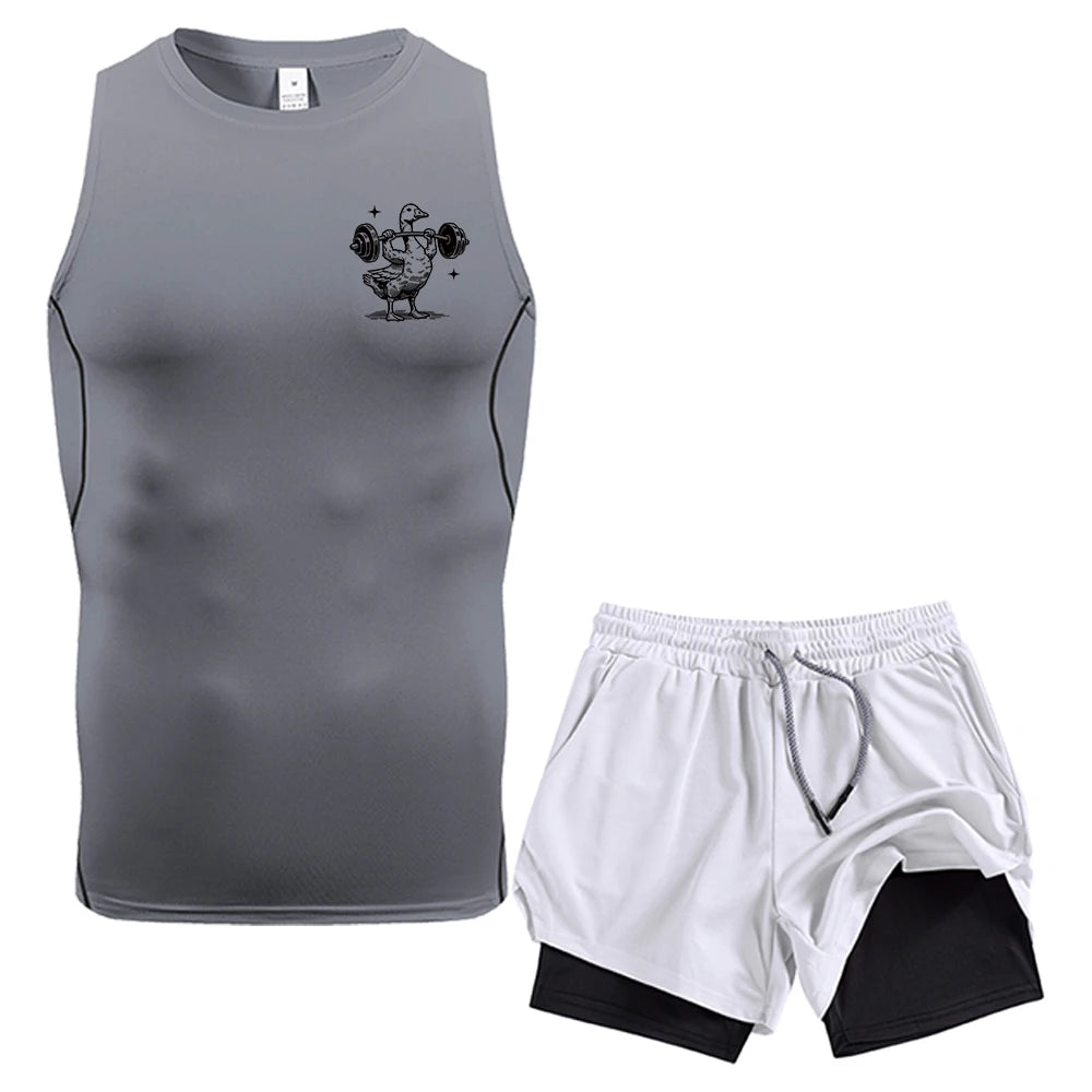 Men Workout 2 Piece Compression Sleeveless Vest Double Layer Shorts Weightlifting Duck Print With Pockets Quick Dry Gym Set