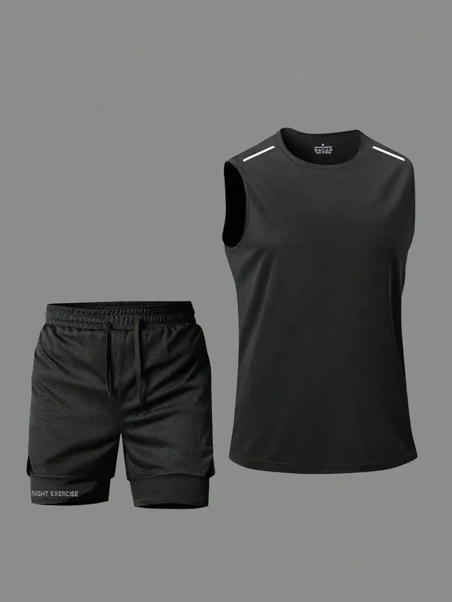 Black Breathable Tank Top And Shorts Set For Night Exercise Running Hiking