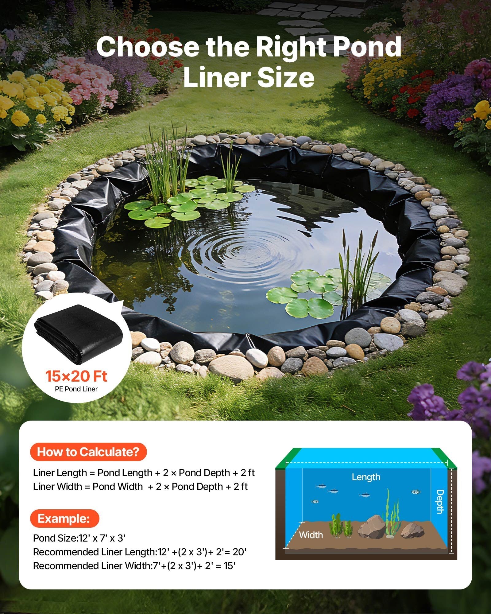 15 x 20 ft Pond Liner, 14 Mil Thickness, 3-Layer Reinforced PE Fish Koi Pond Liner for Outdoor Ponds, with Hemmed Edge and 4 Metal Buttonholes, for Water Garden, Waterfall, and Fountains, Black
