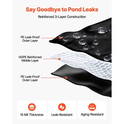 15 x 20 ft Pond Liner, 14 Mil Thickness, 3-Layer Reinforced PE Fish Koi Pond Liner for Outdoor Ponds, with Hemmed Edge and 4 Metal Buttonholes, for Water Garden, Waterfall, and Fountains, Black