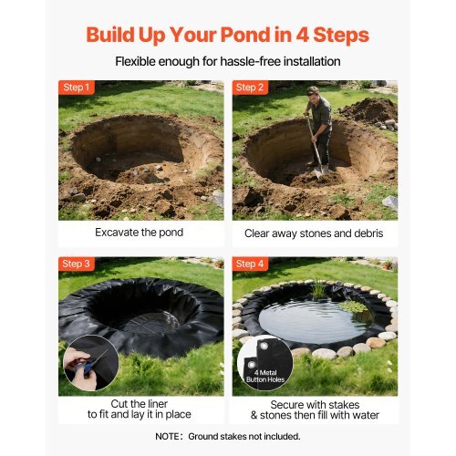 15 x 20 ft Pond Liner, 14 Mil Thickness, 3-Layer Reinforced PE Fish Koi Pond Liner for Outdoor Ponds, with Hemmed Edge and 4 Metal Buttonholes, for Water Garden, Waterfall, and Fountains, Black