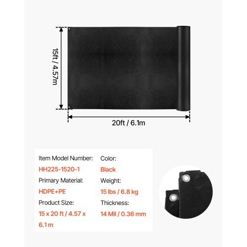 15 x 20 ft Pond Liner, 14 Mil Thickness, 3-Layer Reinforced PE Fish Koi Pond Liner for Outdoor Ponds, with Hemmed Edge and 4 Metal Buttonholes, for Water Garden, Waterfall, and Fountains, Black