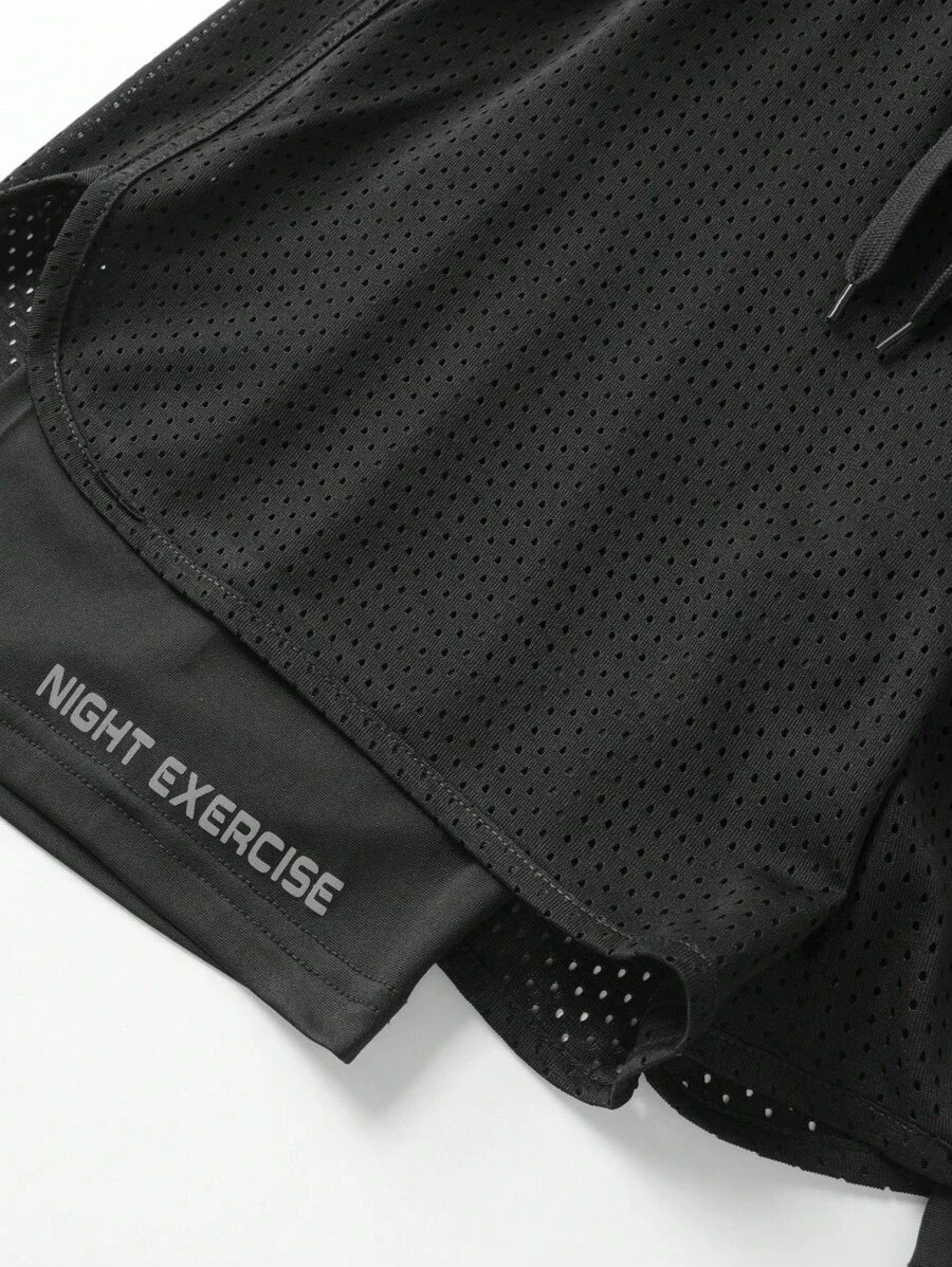 Black Breathable Tank Top And Shorts Set For Night Exercise Running Hiking