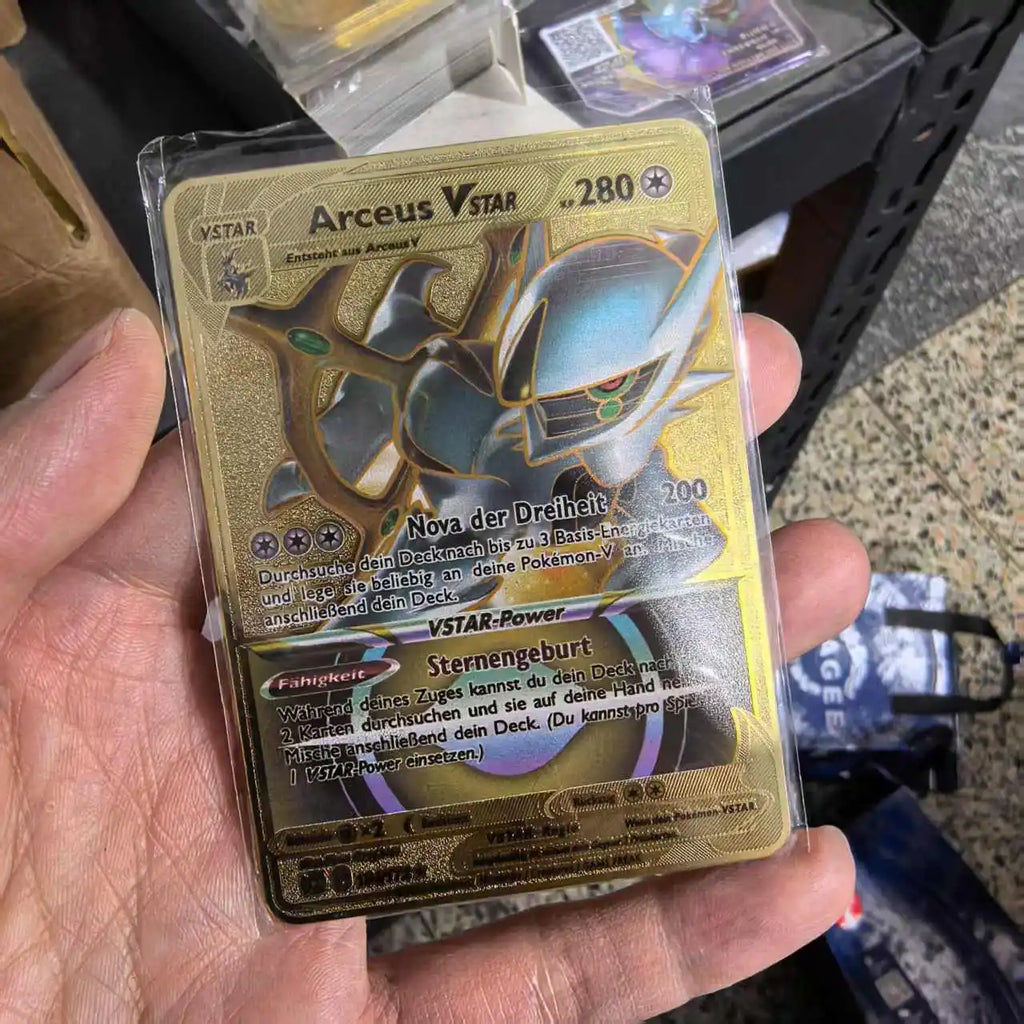 Pokemon Metal Cards in Deutsch Terastal Pikachu Arceus Charizard DIY Trading Flash Card Anime Cartoon Gift