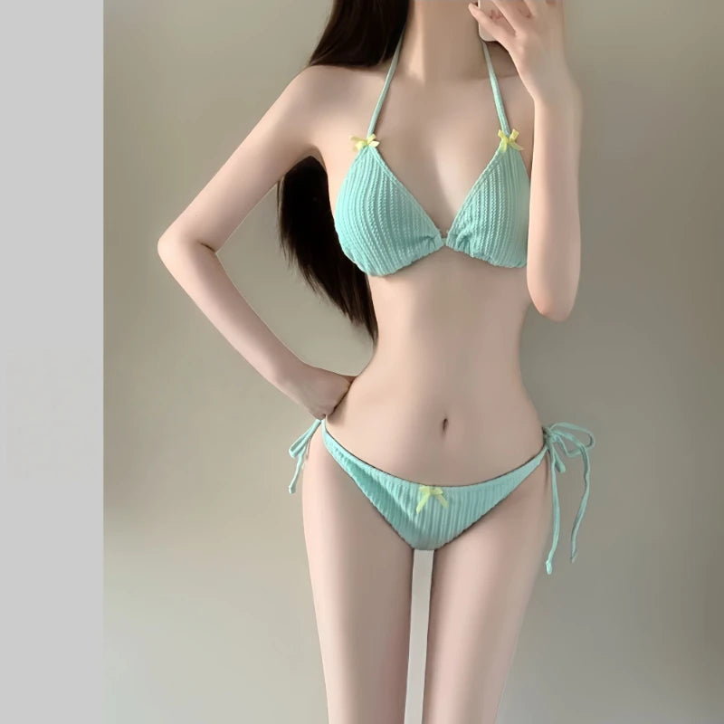 2026 New Summer Women's Korean Style Bikini Set Sweet Girl Beach Vacation Swimsuit Slimming Long Sleeve Cover Up