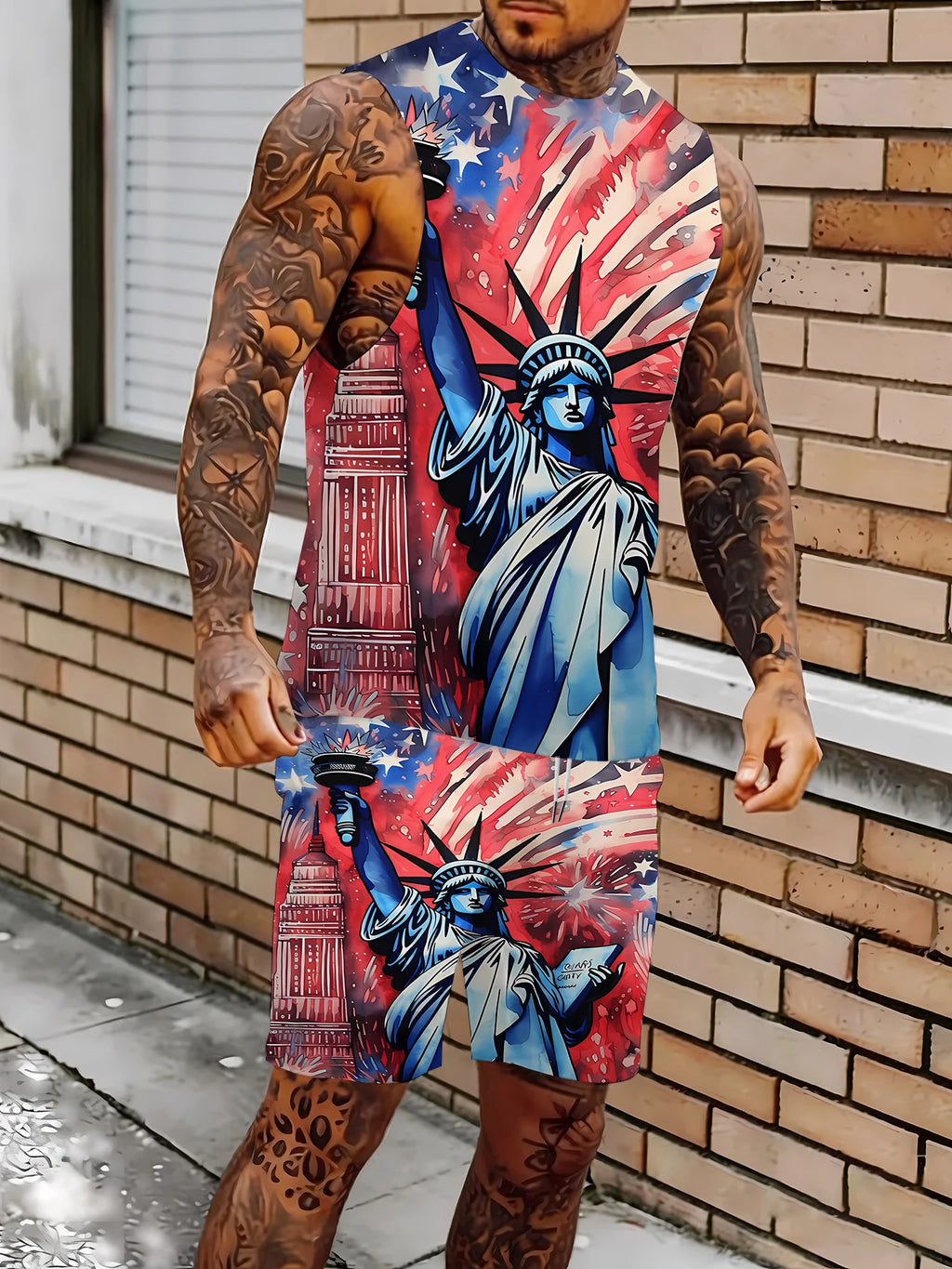 Men's V-Neck Tank Top and Shorts Set Lightweight Polyester Homewear Vacation Outfit Standard Fit
