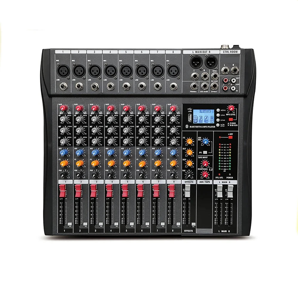 8-Channel Professional Mixer with 99 Dsp Effects, Bluetooth, Usb, Mp3, 48V Phantom Power, for Live Streaming, Stage Recording, and Mixing