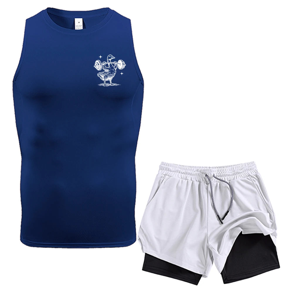 Men Workout 2 Piece Compression Sleeveless Vest Double Layer Shorts Weightlifting Duck Print With Pockets Quick Dry Gym Set