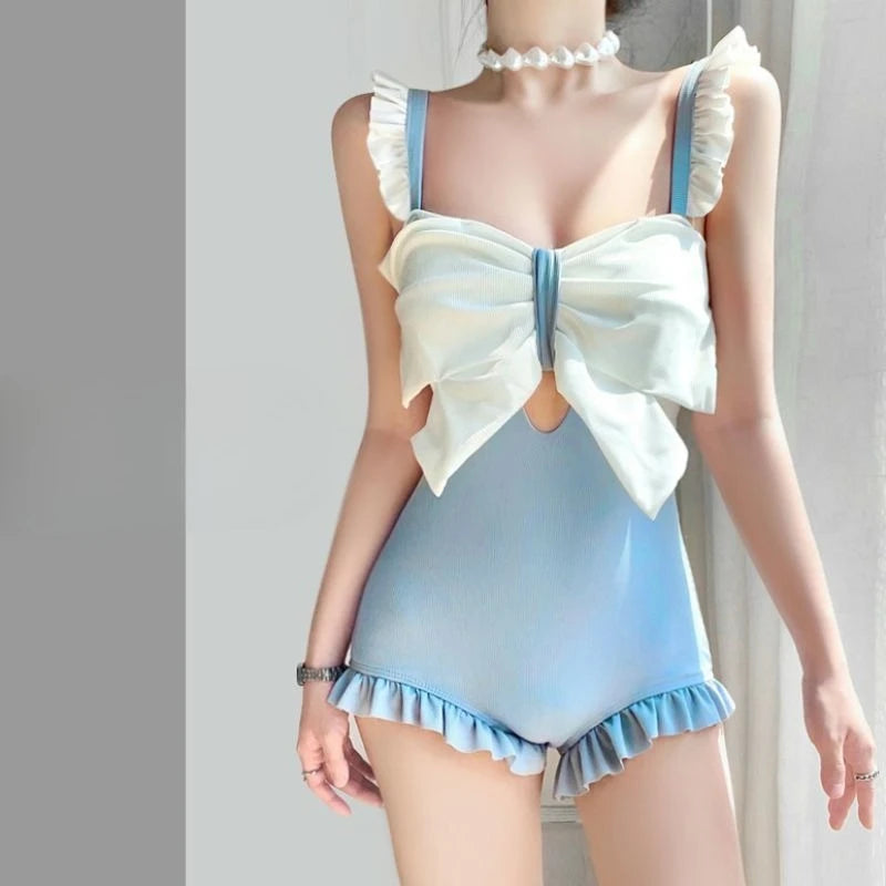 Cute Bowknot Detail Swimwear Ladies Elegant Backless One Piece Swimsuit Soft Pastel Color Swim Costume for Water Activities