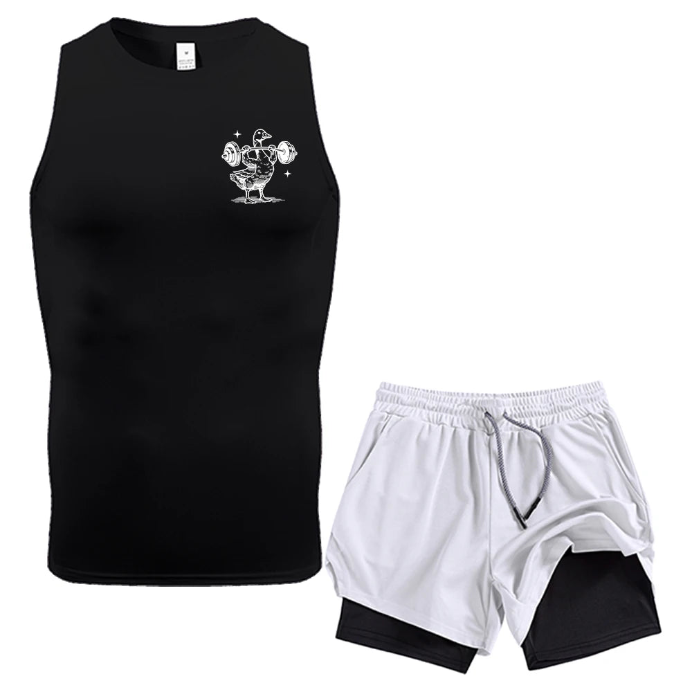 Men Workout 2 Piece Compression Sleeveless Vest Double Layer Shorts Weightlifting Duck Print With Pockets Quick Dry Gym Set
