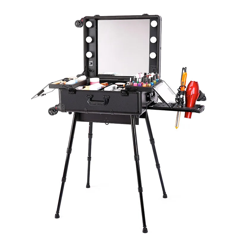 Aluminium Magnesium Alloy Adjustable LED Lighted Makeup Case Large Capacity Trolley Multifunction Mirror Onboard Vanity Box