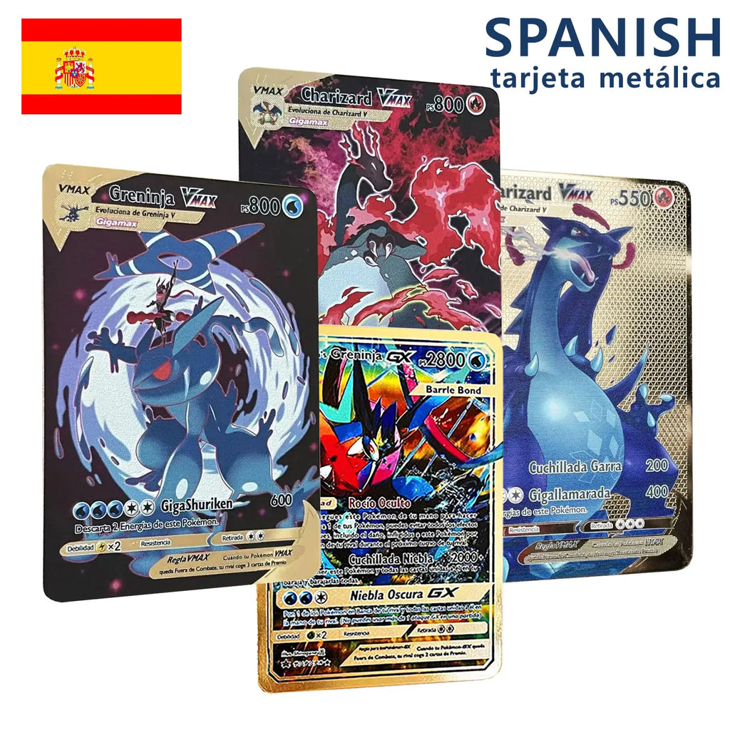 Pokemon Metal Cards in Spanish Pikachu Arceus Charizard DIY Trading Flash Card Anime Cartoon Gift
