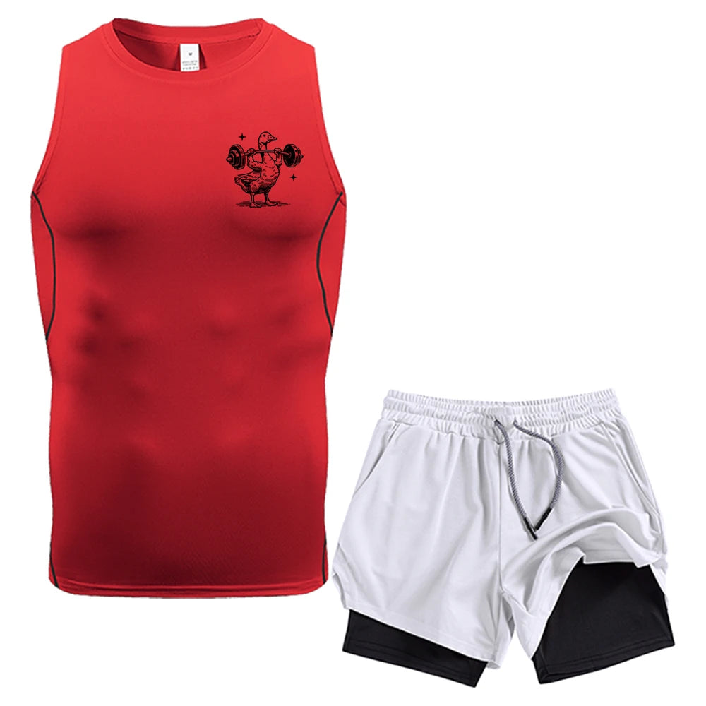 Men Workout 2 Piece Compression Sleeveless Vest Double Layer Shorts Weightlifting Duck Print With Pockets Quick Dry Gym Set