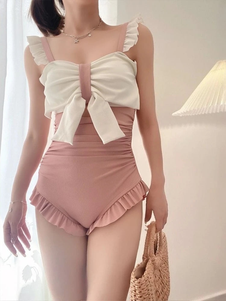 Cute Bowknot Detail Swimwear Ladies Elegant Backless One Piece Swimsuit Soft Pastel Color Swim Costume for Water Activities