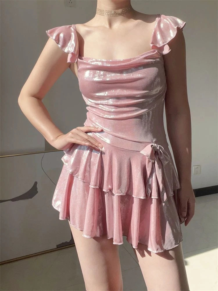 Flattering Shiny Pink Swimwear Women Ruched Tankini Top with Skirt Bottom Tummy Control Bathing Suit Summer Beach Outfits