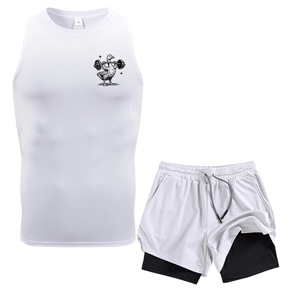 Men Workout 2 Piece Compression Sleeveless Vest Double Layer Shorts Weightlifting Duck Print With Pockets Quick Dry Gym Set